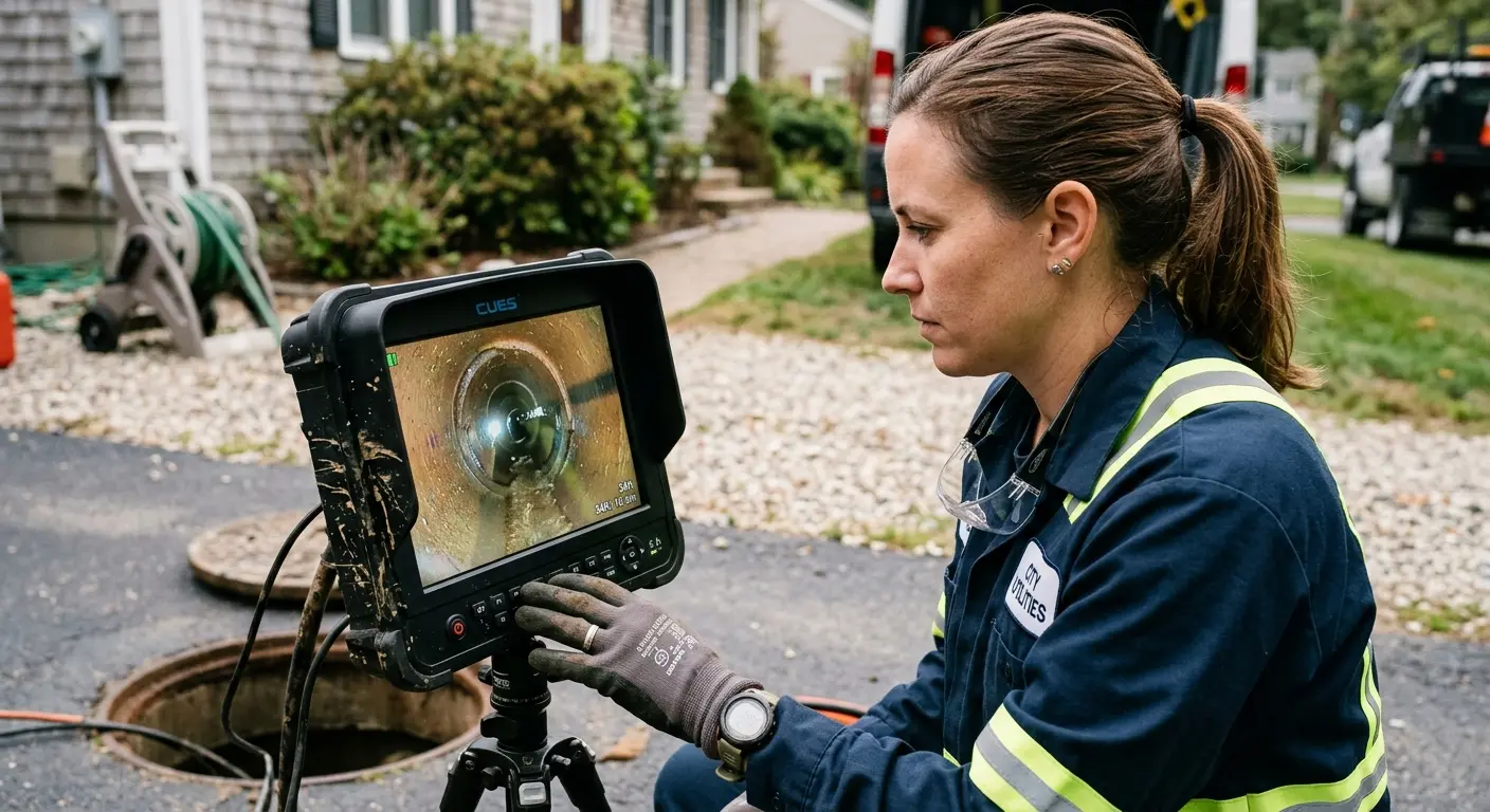 Technician reviewing sewer camera inspection footage in East St. Louis