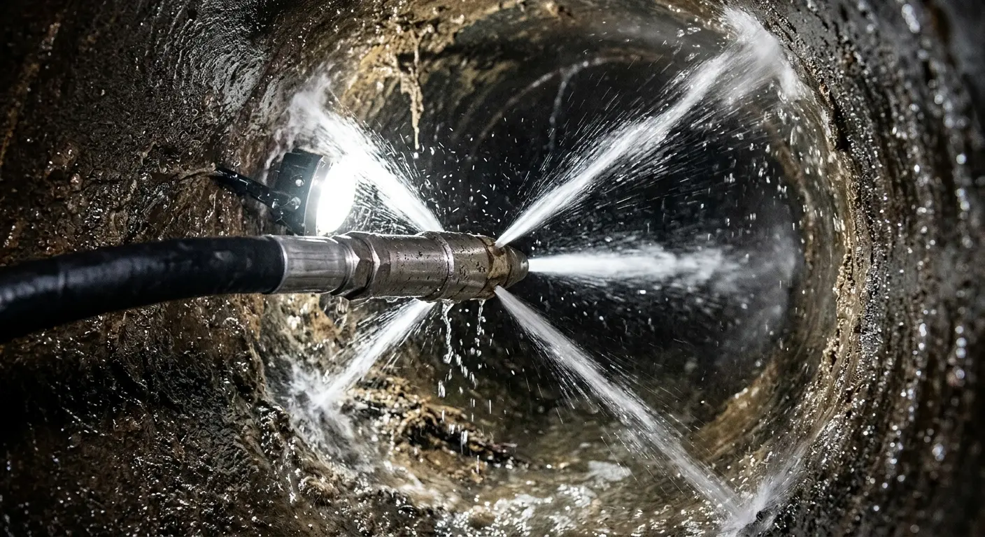 High-pressure hydro jetting nozzle cleaning sewer pipe for Sewer Cleanout in East St. Louis