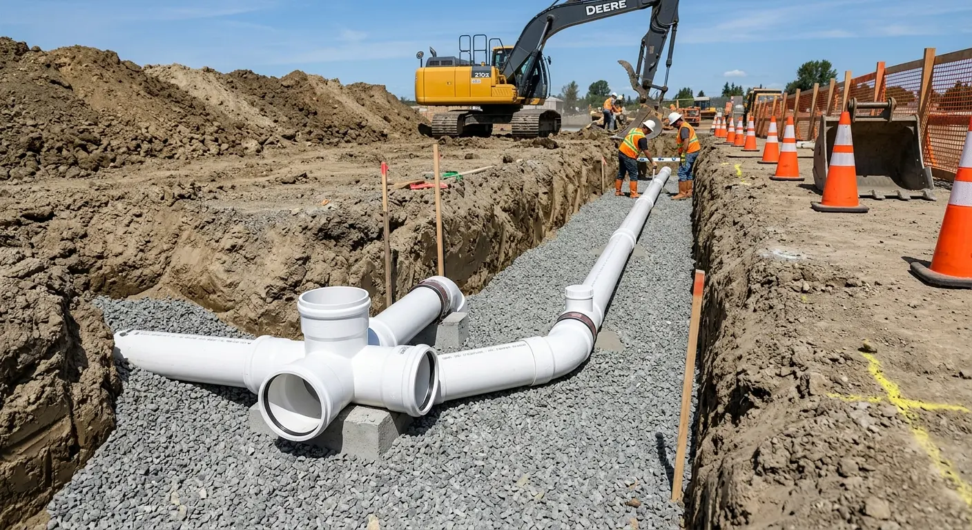 New PVC sewer pipe installation in open trench for Sewer Backup in East St. Louis